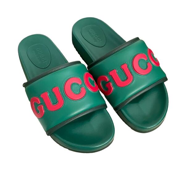 GUCCI  Jumbo Logo Embossed Slide Sandals Italian Leather Green Men's Size G9 NEW - Picture 1 of 12
